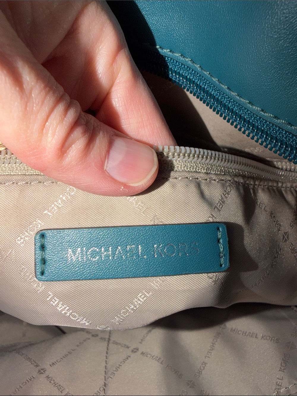 Michael Kors Brown Tote with Teal and White Center Stripe - Picture 6 of 13
